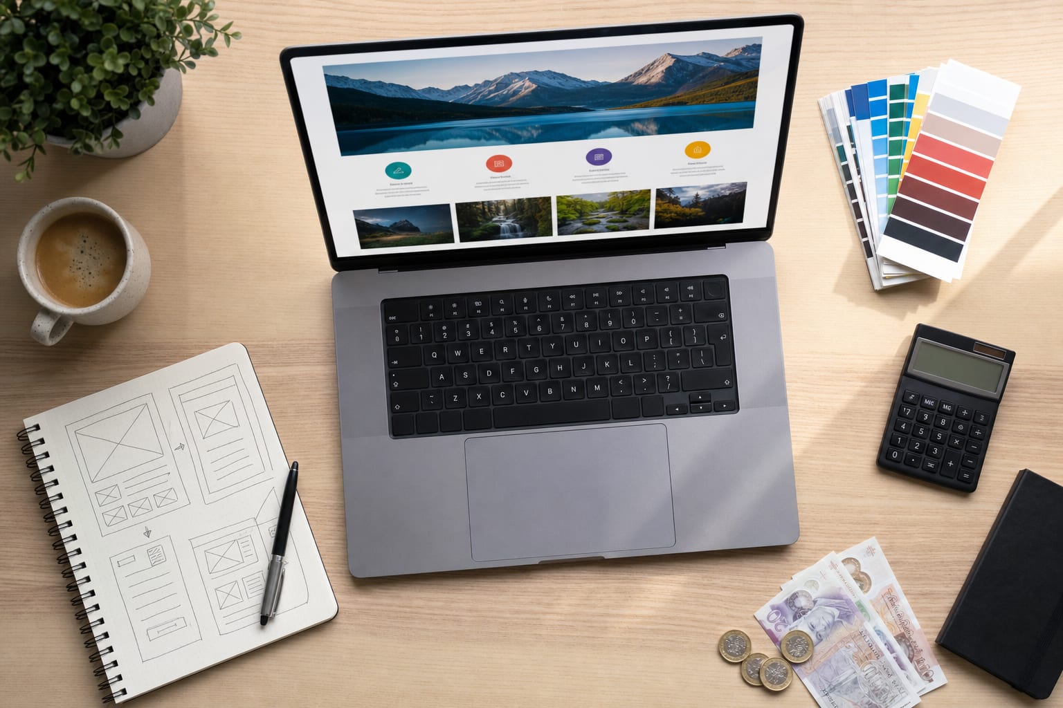 A web design planning desk with a laptop and calculator