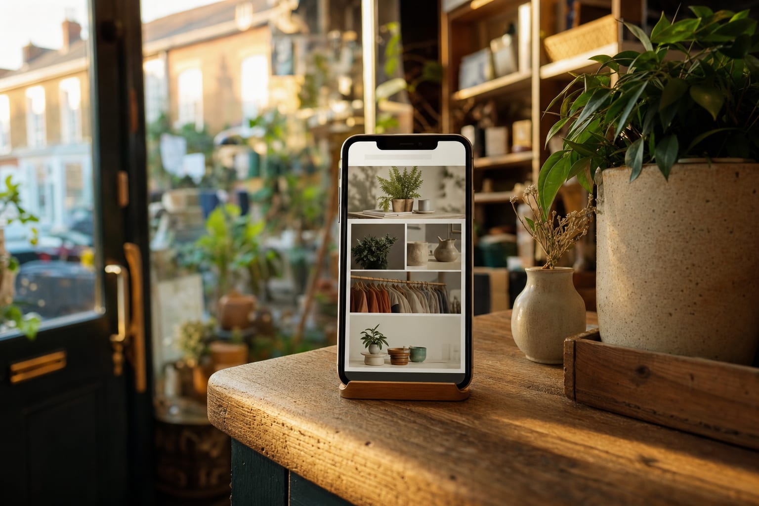 A smartphone on a shop counter showing a website