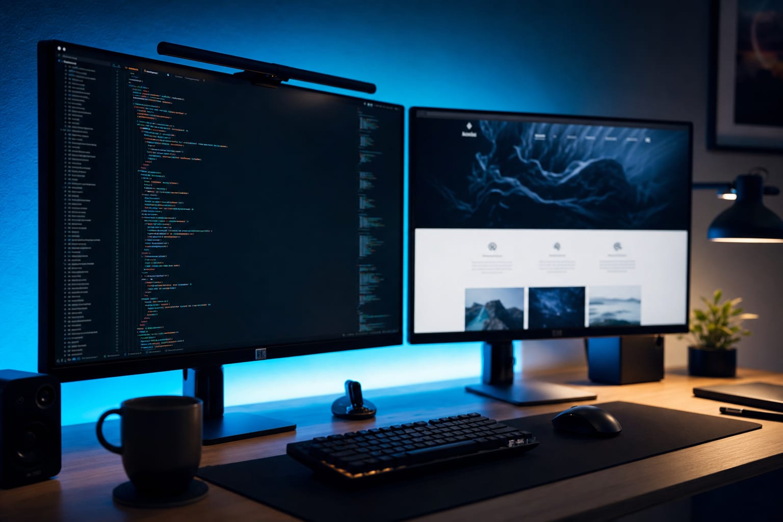 A monitor showing code beside a monitor showing a finished website