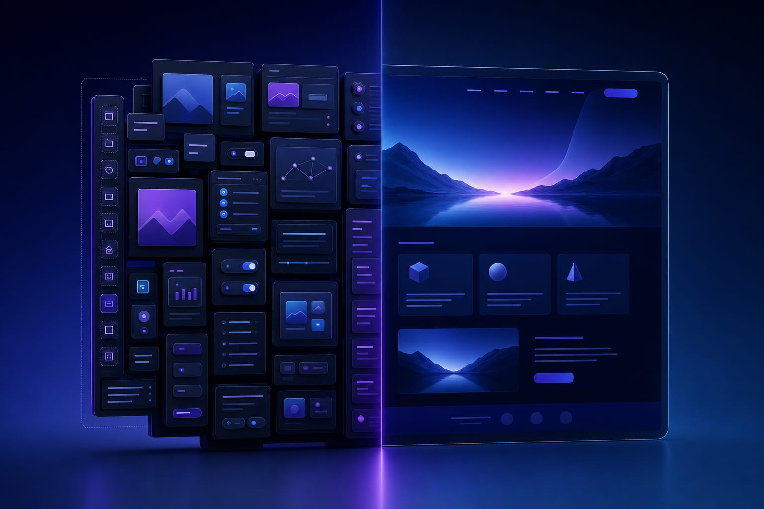 A split illustration of a plugin dashboard versus a finished website