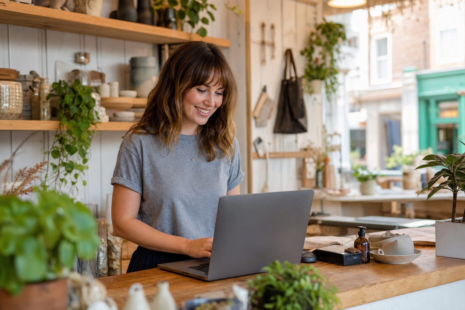 A local business owner viewing her new website on a laptop