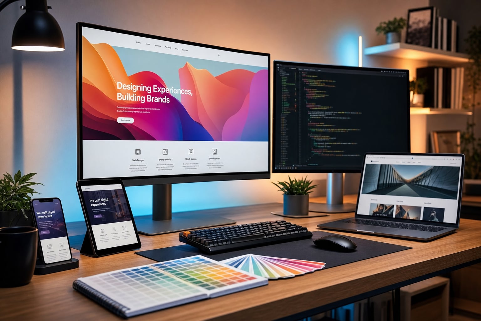 EverLabs Design studio workspace with monitors showing websites and code