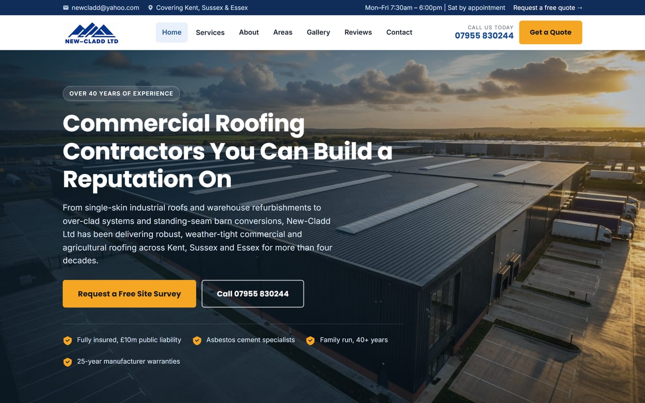 New-Cladd Ltd commercial roofing website built by EverLabs Design